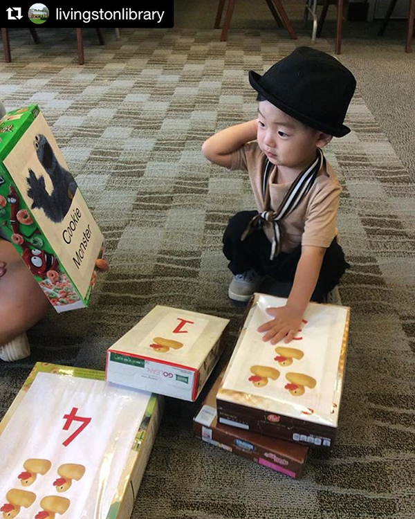 C is for Cookie! (And cutie pie) Recycled cereal boxes as oversized flash cards at @livingstonlibrary!