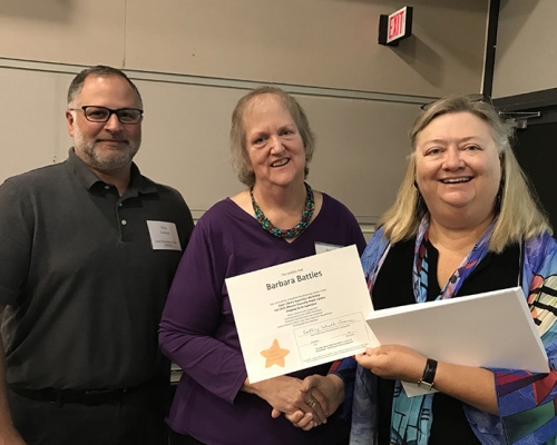 Super Library Supervisor (SLS) Graduation, October 3, 2019 --- (From the left) Chris Carbone, Barbara Battles (SLS), and Kathy Schalk-Greene