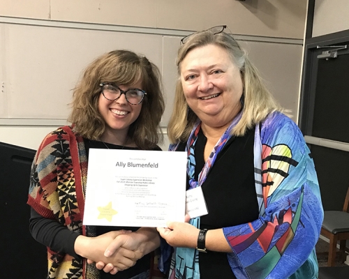 Super Library Supervisor (SLS) Graduation, October 3, 2019 --- (From the left) Ally Blumenfeld (SLS) and Kathy Schalk-Greene