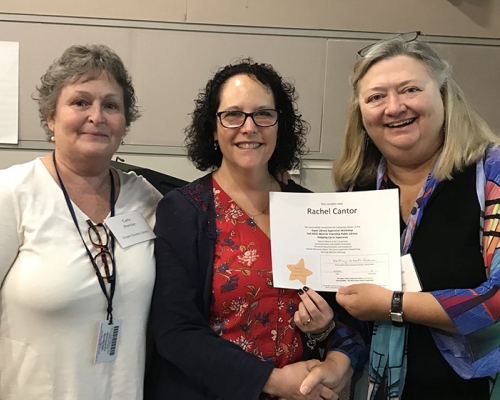 Super Library Supervisor (SLS) Graduation, October 3, 2019 --- (From the left) Cathi Sheridan, Rachel Cantor (SLS), and Kathy Schalk-Greene