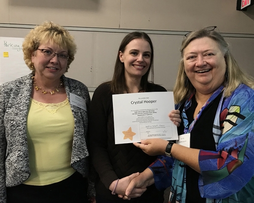 Super Library Supervisor (SLS) Graduation, October 3, 2019 --- (From the left) Rebecca Crawford, Crystal Hooper (SLS), and Kathy Schalk-Greene