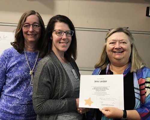 Super Library Supervisor (SLS) Graduation, October 3, 2019 --- (From the left) Ellen Callanan, Jess Lester (SLS), and Kathy Schalk-Greene