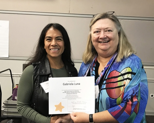 Super Library Supervisor (SLS) Graduation, October 3, 2019 --- (From the left) Gabriela Luna (SLS) and Kathy Schalk-Greene