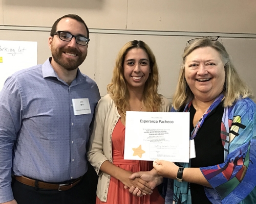 Super Library Supervisor (SLS) Graduation, October 3, 2019 --- (From the left) John Authur, Esperanza Pacheco (SLS), and Kathy Schalk-Greene