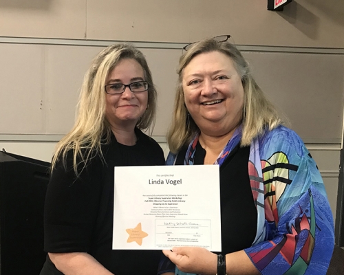Super Library Supervisor (SLS) Graduation, October 3, 2019 --- (From the left) Linda Vogel (SLS) and Kathy Schalk-Greene