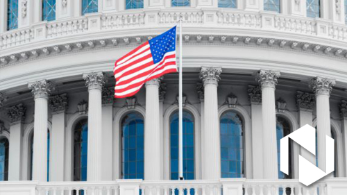 An American flag is pictured in front of Congress.