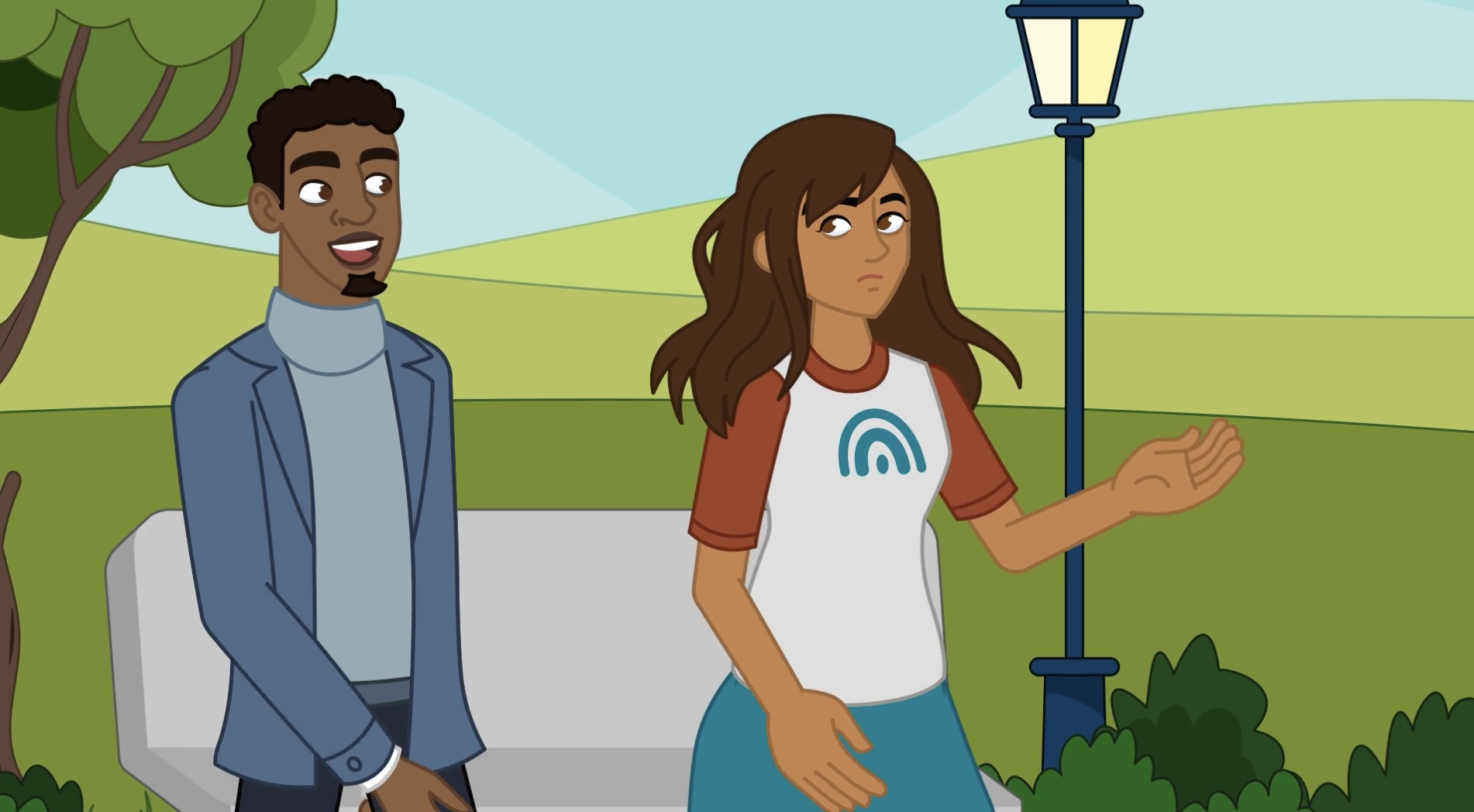 A screenshot from the recorded webinar features two animated people having a conversation in the park.