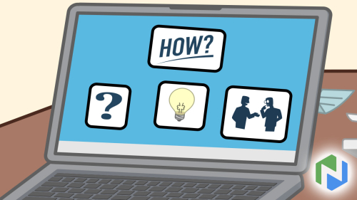 Instructional icons appear on a computer laptop. The word "How?" is highlighted.