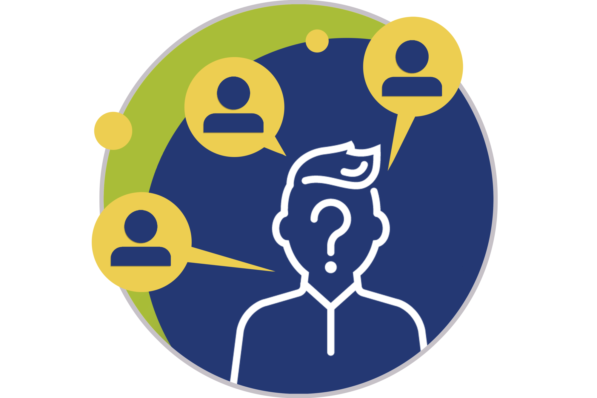 An outline of a person features an illustrated question mark over the face as three word bubbles appear representing sources of information the person is referencing.