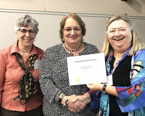 Super Library Supervisor (SLS) Graduation, October 3, 2019 --- (From the left) Maria Baratta, Paulette Biancamano (SLS), and Kathy Schalk-Greene