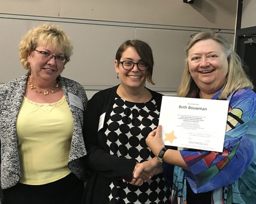 Super Library Supervisor (SLS) Graduation, October 3, 2019 --- (From the left) Rebecca Crawford, Beth Bouwman (SLS), and Kathy Schalk-Greene