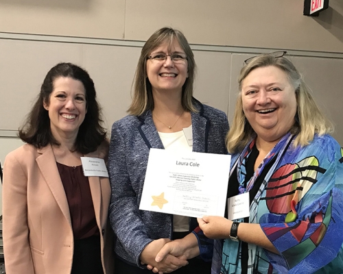 Super Library Supervisor (SLS) Graduation, October 3, 2019 --- (From the left) Alexandria Arnold, Laura Cole (SLS), and Kathy Schalk-Greene