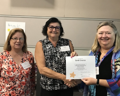 Super Library Supervisor (SLS) Graduation, October 3, 2019 --- (From the left) Christine Hill, Sandi Cronce (SLS), and Kathy Schalk-Greene