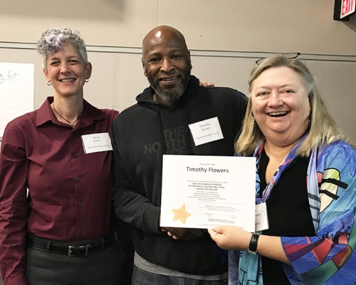 Super Library Supervisor (SLS) Graduation, October 3, 2019 --- (From the left) Selwa Shamy, Timothy Flowers (SLS), and Kathy Schalk-Greene