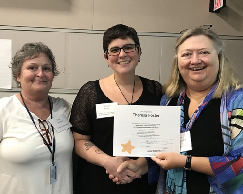 Super Library Supervisor (SLS) Graduation, October 3, 2019 --- (From the left) Cathi Sheridan, Theresa Foster (SLS), and Kathy Schalk-Greene