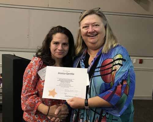 Super Library Supervisor (SLS) Graduation, October 3, 2019 --- (From the left) Jessica Gentile (SLS) and Kathy Schalk-Greene