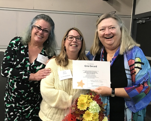 Super Library Supervisor (SLS) Graduation, October 3, 2019 --- (From the left) Monica Smith, Gina Gerard (SLS), and Kathy Schalk-Greene