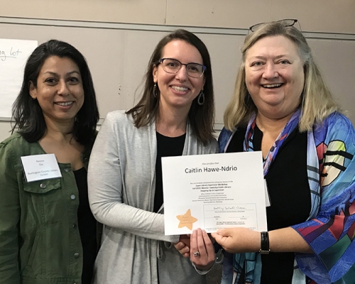Super Library Supervisor (SLS) Graduation, October 3, 2019 --- (From the left) Ranjna Das, Caitlin Hawe-Ndrio (SLS), and Kathy Schalk-Greene