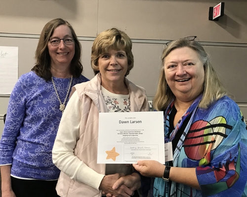 Super Library Supervisor (SLS) Graduation, October 3, 2019 --- (From the left) Ellen Callanan, Dawn Larsen (SLS), and Kathy Schalk-Greene