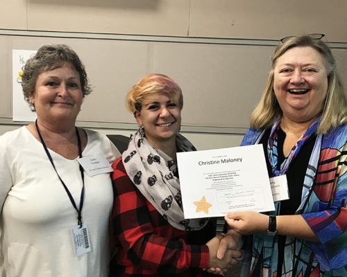 Super Library Supervisor (SLS) Graduation, October 3, 2019 --- (From the left) Cathi Sheridan, Christine Maloney (SLS), and Kathy Schalk-Greene
