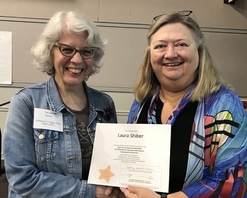 Super Library Supervisor (SLS) Graduation, October 3, 2019 --- (From the left) Laura Shiber (SLS) and Kathy Schalk-Greene