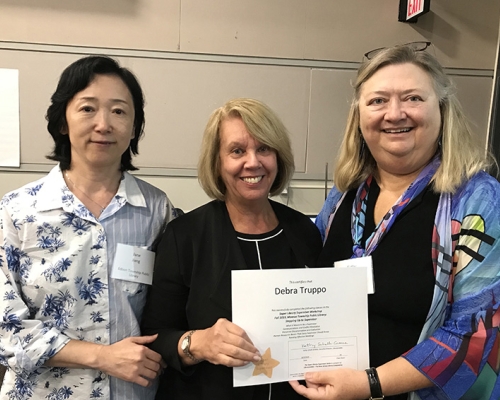 Super Library Supervisor (SLS) Graduation, October 3, 2019 --- (From the left) Jane Jiang, Debra Truppo (SLS), and Kathy Schalk-Greene