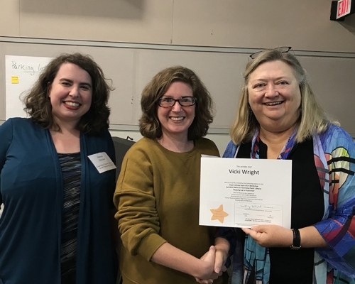 Super Library Supervisor (SLS) Graduation, October 3, 2019 --- (From the left) Natalie Niziolek, Vicki Wright (SLS), and Kathy Schalk-Greene