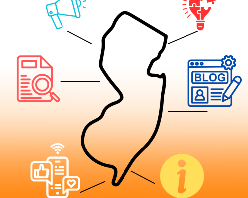 Outline of the state of NJ attached to icon representing news and information