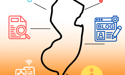 Outline of the state of NJ attached to icon representing news and information