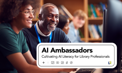 Two people sit at a computer, learning new technology. The title for AI Ambassadors: Cultivating AI Literacy for Library Professionals appears in the lower right corner of the image.
