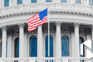 An American flag is pictured in front of Congress