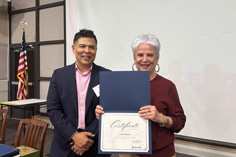 Completion certificate for LLNJ’s PM Fundamentals + AI Integration Bootcamp, presented by Sam Sena (left) to Frances Bacardi, Belleville Public Library