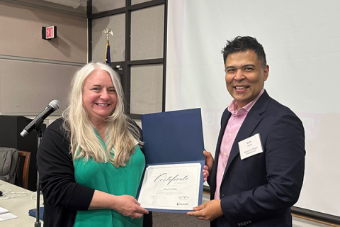 Completion certificate for LLNJ’s PM Fundamentals + AI Integration Bootcamp, presented by Sam Sena (right) to Mary Fran Daley, Bernardsville Public Library