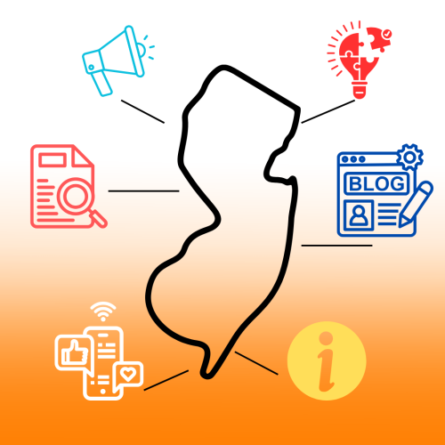 Outline of the state of NJ attached to icon representing news and information